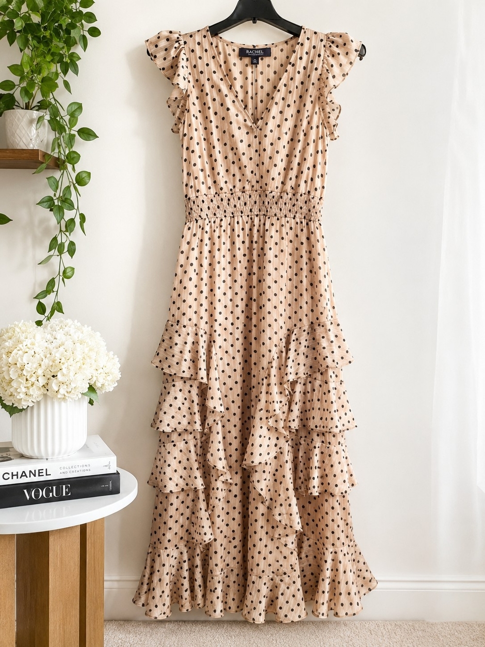 Rachel Roy Polka Dot Ruffle Maxi Dress in Pink Beige, Size S
